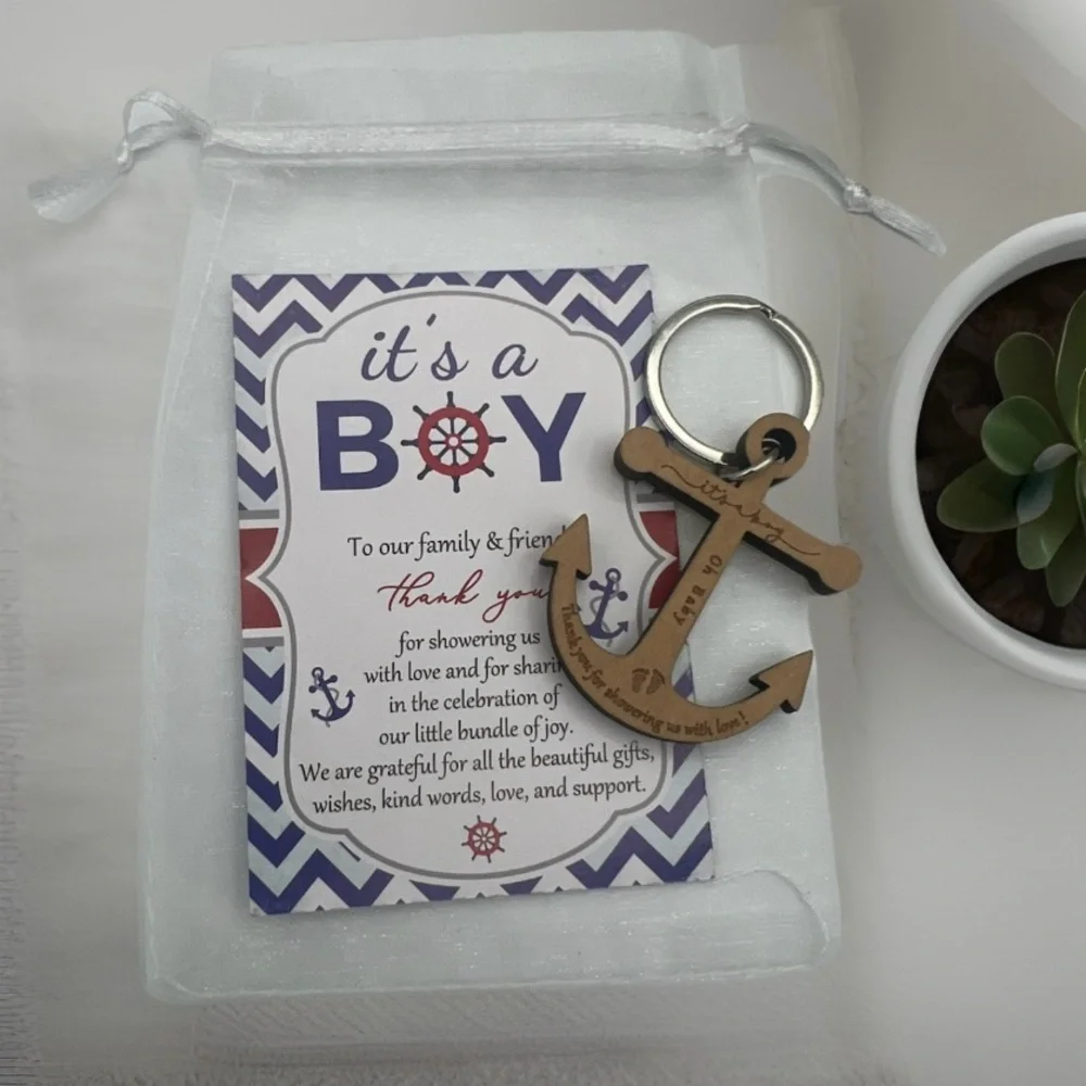 It's A Boy Anchor Keychain 50 Nautical Baby Shower Thank You Cards - Gift Sets